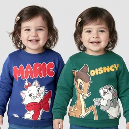 Babyhug Disney Terry Knit Drop Shoulder Full Sleeves Sweatshirts with Bambie & Marie Graphics Pack of 2 - Green & Blue-picture-22