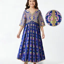 EARTHY TOUCH Single Jersey Knit Three Fourth Sleeves Ethnic Dress With Foil Floral Print - Blue-picture-19