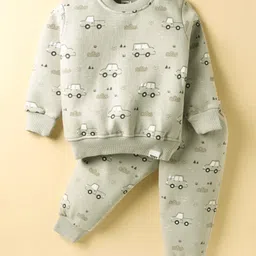 Teddy Knit Full Sleeves Co-ords Fleece Winter Night Suit with Car Print - Grey-picture-12
