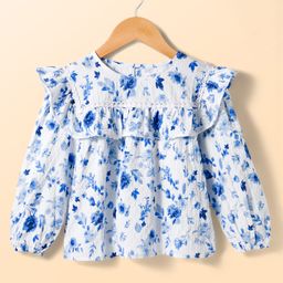 kookie kids india Kookie Kids Woven Full Sleeve Top with Neck Frill Lace Detailing & Floral Print - White & Light Blue-picture-7