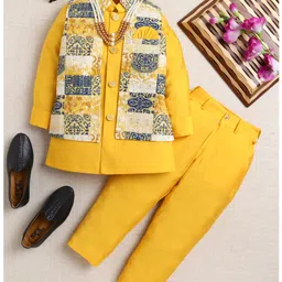 Ahhaaaa Viscose Woven Full Sleeves Solid Kurta Pant With Ethnic Printed Nehru Jacket & Mala Set - Yellow-picture-12
