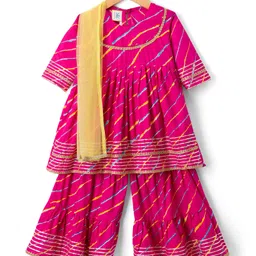 Teentaare Cotton Woven Striped Three Fourth Sleeves Kurti Sharara Set with Dupatta - Dark Pink-image-76