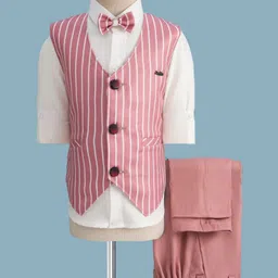 Rikidoos Full Sleeves Striped 3 Piece Party Suit With Bow Set - Peach & White-picture-17