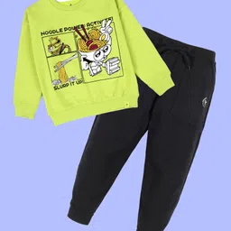 Kiddopanti Fleece Knit Full Sleeves Noodle Power Text Printed Light Winter Sweatshirt With Track Pants Set - Neon Green & Black-picture-21