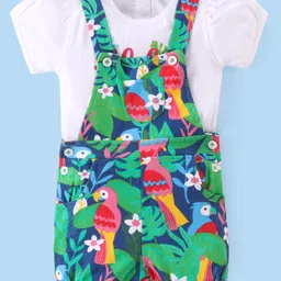 Babyhug Cotton Knit Half Sleeves T-Shirt & Dungaree Set with Tropical Theme- Multicolor image 2