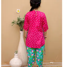 Junitos Cotton Woven Three Fourth Sleeves Bandhani & Floral Printed Attached Jacket Kurti With Dhoti Pant Set - Pink & Green image 3