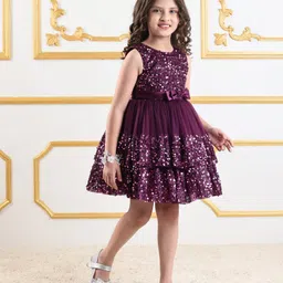 Mark & Mia Sleeveless Knee Length Sequined Layered Party Frock with Bow & Pearl Detailing - Purple image 3