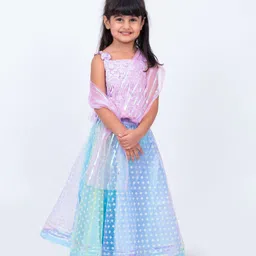 Elaisha Sleeveless Floral Lace Embellished Top With Draped Dupatta & Motif Designed Net Lehenga Set - Mauve image 4