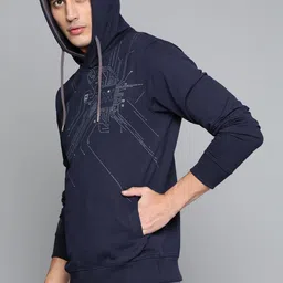Kook N Keech Men Navy Blue & Charcoal Grey Printed Hooded Sweatshirt image 4