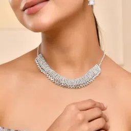 VOJ Silver Artificial Stones Studded Necklace & Earring Set image 2