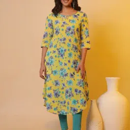 Aurelia Yellow Floral Print Cotton High Low Kurta-image-87