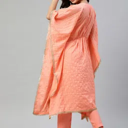 SheWill Women Coral-Pink Pleated Thread Work Striped Silk Chiffon Kaftan Kurta & Trousers image 2