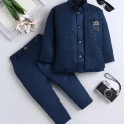 Fourfolds Boys Navy Blue Embellished Clothing Set-image-0