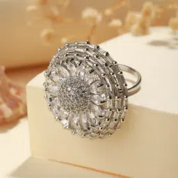 Priyaasi Shining Flower American Diamond Silver-Plated Finger Ring-picture-12