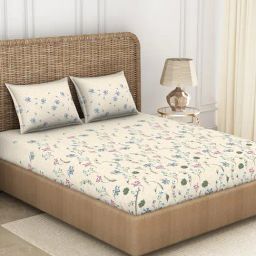 Spaces Printed White 144 TC Cotton Queen Fitted Sheet with 2 Pillow Covers-picture-41