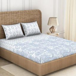 Spaces Printed Blue 144 TC Cotton Queen Fitted Sheet with 2 Pillow Covers-picture-47