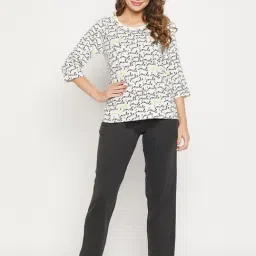 Clovia White & Grey Printed Cotton Top With Pyjamas-picture-15