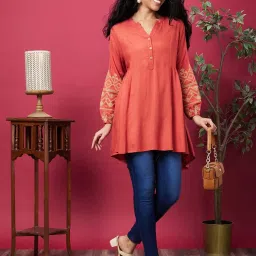 Globus Rust Embroidered A Line Kurti image 4
