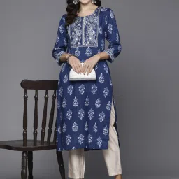 Indo Era Blue Printed Straight Kurta image 4
