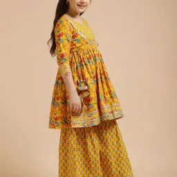 Jaipur Kurti Girls Mustard Cotton Floral Suit Sets image 4