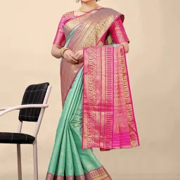 SHUBHKALA Pista Green Silk Woven Saree With Unstitched Blouse image 4