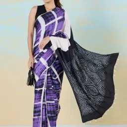 navyasa by liva Purple & White Geometric Print Saree With Unstitched Blouse image 4
