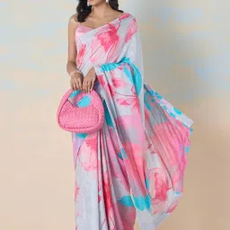 navyasa by liva Pink & Blue Floral Print Saree With Unstitched Blouse image 4