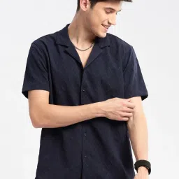 showoffff Showoff Navy Blue Slim Fit Self Pattern Shirt image 4