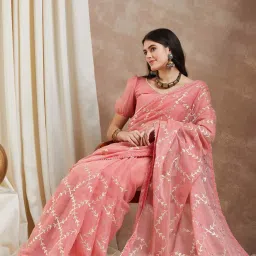 Saree Mall Peach Embroidered Saree With Unstitched Blouse image 4