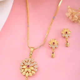 VOJ Gold Plated Floral Shaped AD Stone Studded Necklace & Earring Set-image-80