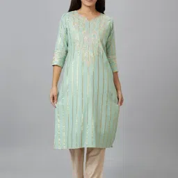 Globus Sea Green Cotton Floral Straight Kurta-picture-14