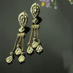 Dugran By Dugristyle Kundan & Pearls Golden Drop Earrings for Women-image-6