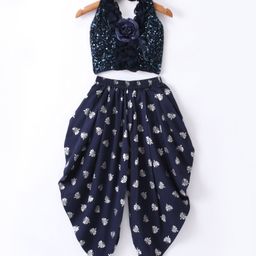 Twisha Halter Neck Sequin Embellished Ruffles Designer Top With Butterfly Foil Printed Dhoti - Navy Blue-picture-5