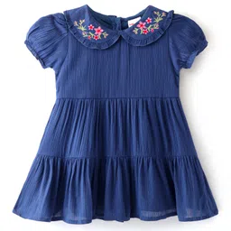 Babyhug Puff Sleeves Peter Pan Collar Frock with Floral Embroidered -  Navy Blue-picture-11