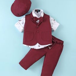 Robo Fry Lycra Knit Full Sleeves Solid Colour 3 Piece Party Suit with Bow & Hat - Burgundy-picture-13