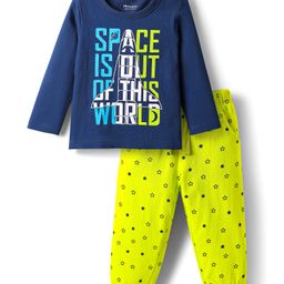 Honeyhap Premium Cotton Knit Full Sleeves Night Suit with Bio Finish & Text Print - Navy Peony & Limeade-picture-34