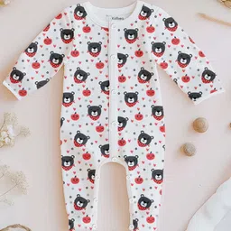Kidbea 100% Organic Cotton Full Sleeves Bear Printed Romper- Grey-picture-24