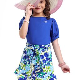 OLLINGTON ST. Cotton Knit Half Puffed Sleeves Top & Floral Printed Knit Skirt Set with Belt - Blue & Multicolor-picture-9