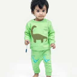 Ariel Pure Cotton Full Sleeves Dinosaur Designed Tee & Pajama Set - Green-picture-16