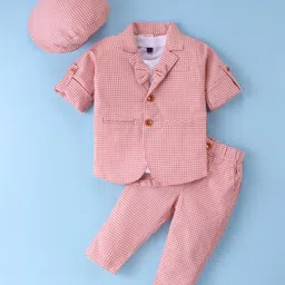 Rikidoos Full Sleeves Checked Blazer With Solid Tee & Coordinating Pant Cap & Attached Bow Set - Peach & White-picture-27