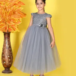 Toy Balloon Kids Net Woven Cap Sleeves Floral Applique Detailed Sequins Embellished Gown - Grey-picture-10