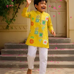 Somersault Cotton Woven Three Fourth Sleeves Floral Printed Kurta Pyjama Set - Yellow-picture-17