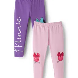 Babyhug Disney Cotton Knit Full Length Leggings With Minnie Mouse Graphics Pack Of 2 - Purple & Pink image 2