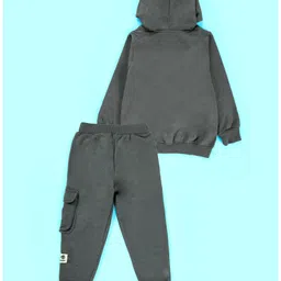 Kiddopanti Fleece Knit Full Sleeves Space Theme Hooded Front Zipper Sweatshirt With Cargo Track Pants Set - Military Green image 3