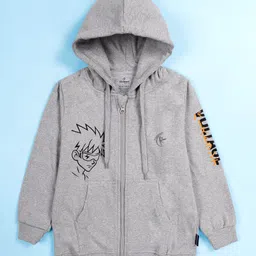 Kiddopanti Fleece Knit Full Sleeves Character Printed Hooded Light Winter Sweatshirt & Track Pants Set - Grey Melange image 3