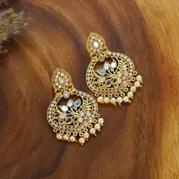 trueBrowns Gold-Plated Mirror Studded And Pearls Beaded Contemporary Chandbalis Earrings-picture-32