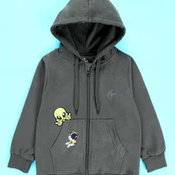 Kiddopanti Fleece Knit Full Sleeves Space Theme Hooded Front Zipper Sweatshirt With Cargo Track Pants Set - Military Green image 4