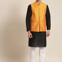 SOJANYA Men Black Ethnic Motifs Chikankari Pure Cotton Kurta with Churidar & Nehru Jacket-picture-11