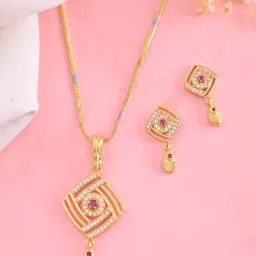 VOJ Gold Plated Square Shaped AD Stone Studded Necklace & Earring Set-picture-38