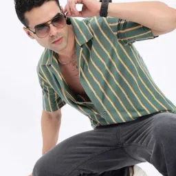 SHOWOFF Green Cotton Relaxed Fit Stripes Shirt-image-34